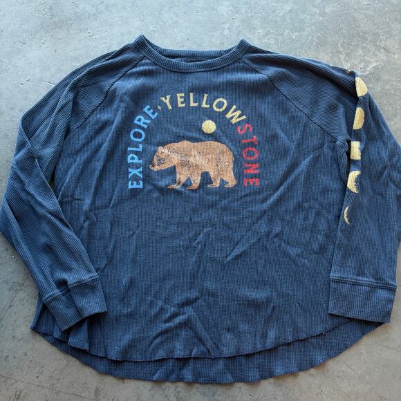Modern Tops - Vintage Y2k Nature Bear Yellowstone Waffle Knit Longsleeve Navy Tee PXXL